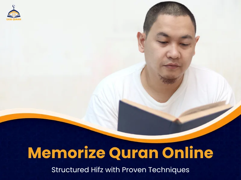 Adult student reading from the Quran while working on memorizing it