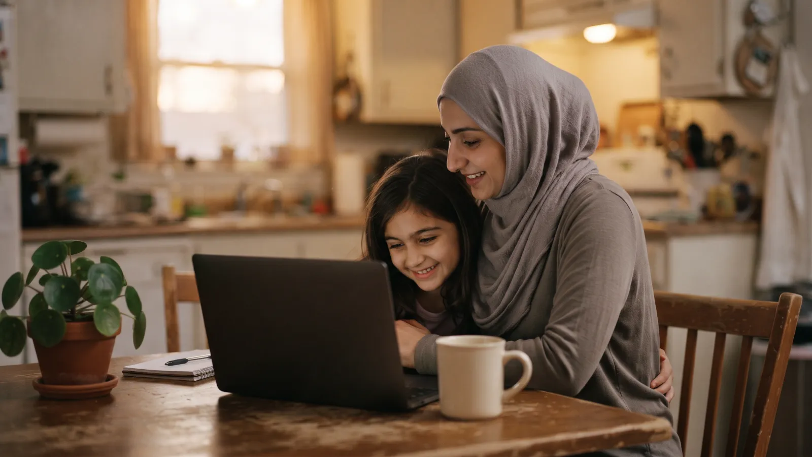 Muslim mother in a hijab and her daughter smiling at a laptop at the kitchen table