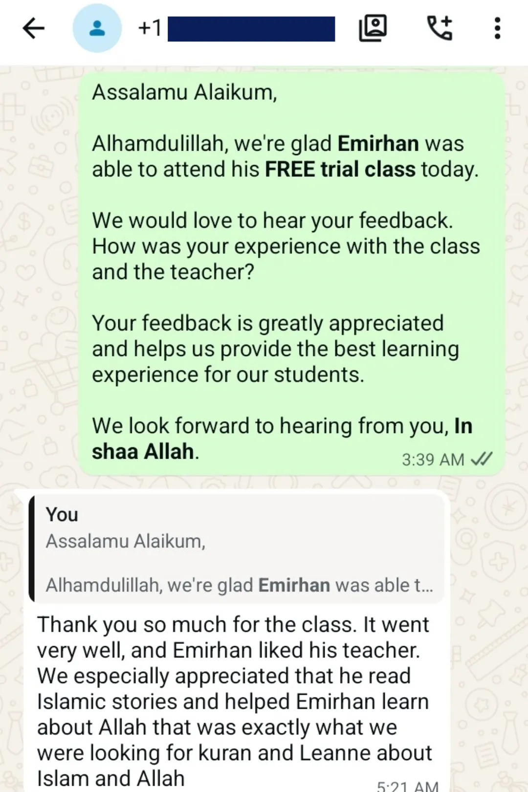 WhatsApp screenshot of the parent's message quoted above, sent after their son's free trial Quran class