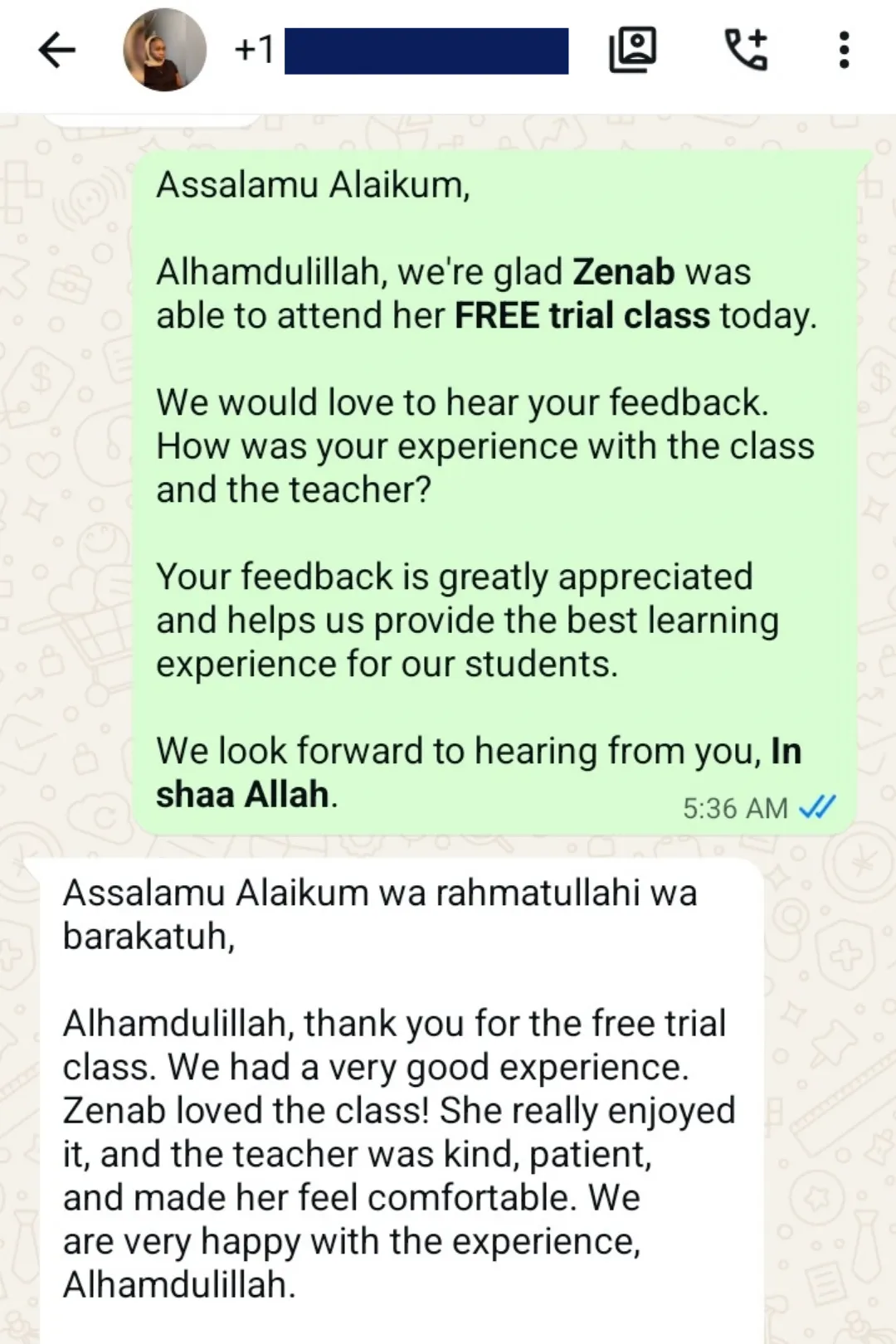 WhatsApp screenshot of the parent's message quoted above, sent after their daughter's free trial Quran class