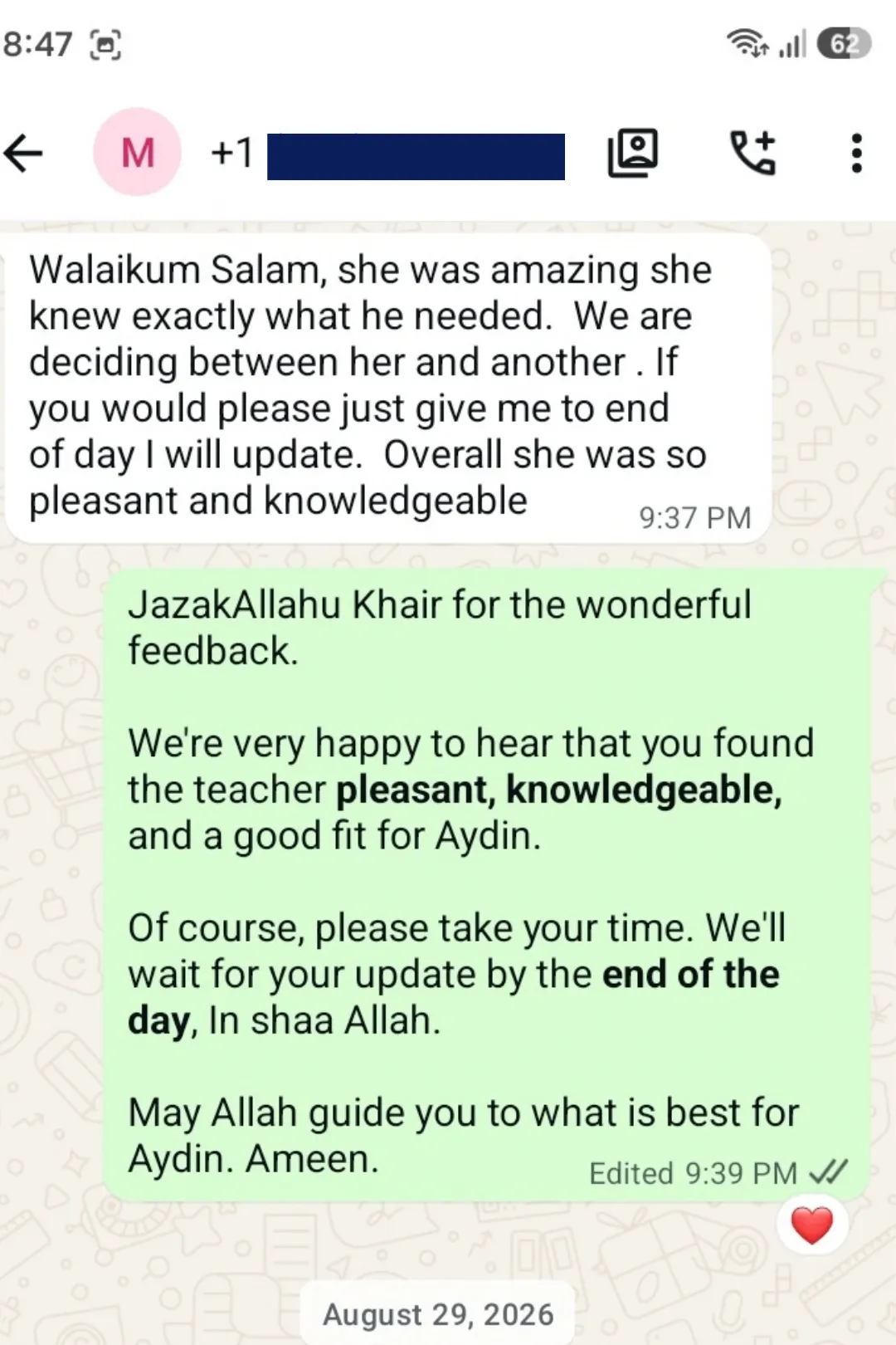 WhatsApp screenshot of the parent's message quoted above about their son's trial class teacher