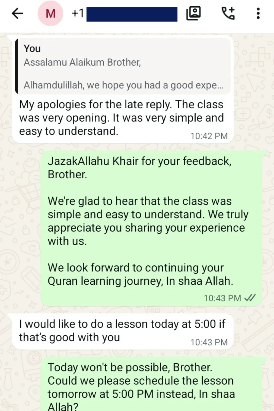 WhatsApp screenshot of the adult student's message quoted above, sent after their free trial Quran class
