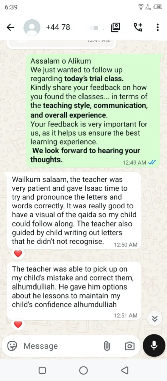 Screenshot of WhatsApp message from a parent praising Ease Quran classes
