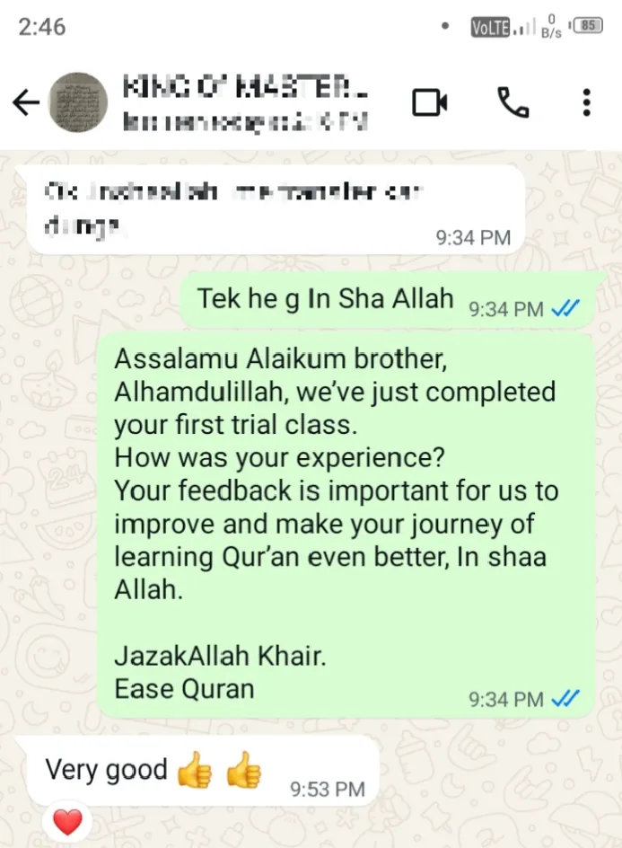 Screenshot of WhatsApp message from a parent praising Ease Quran classes